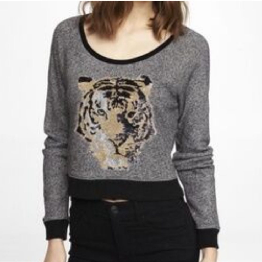 Express Women Sequin Lace Tiger Grey Cropped Pullover Sweater Size Small